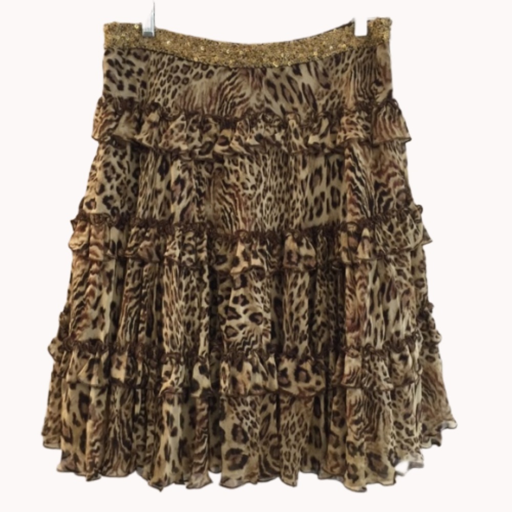Robert Rodriguez Silk Animal Print Ruffled Skirt